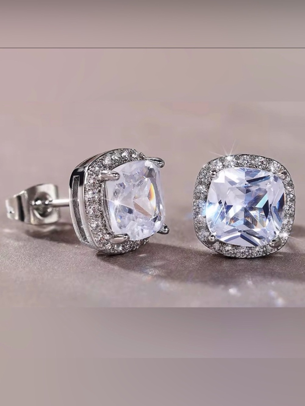 Diamond Cubic Zirconia Silver Square Stud Earrings